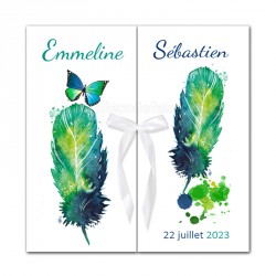 Faire-part tryptique plumes et papillon
