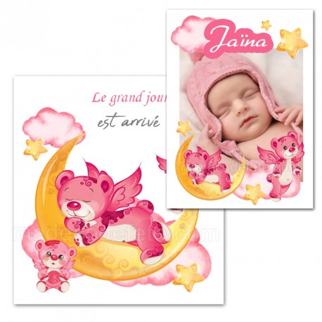 Faire-part naissance ours rose