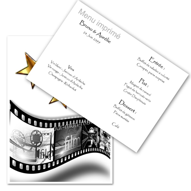 Menu décoratif cinéma pellicule star pour tables de mariage