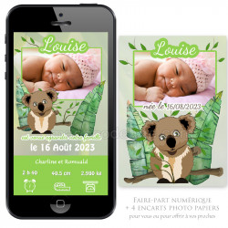 Faire-part numérique + 4 encarts photo petit(e) koala