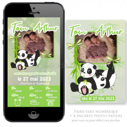 Faire-part numérique + 4 encarts photo pandas jumeaux