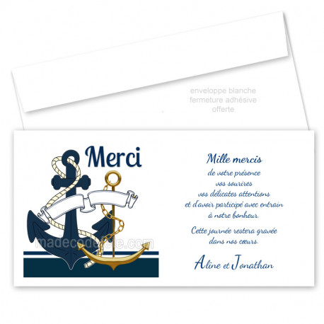 Carton de remerciement ancres bleu/or