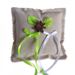 Coussin alliances coeur naturel ruban anis et blanc