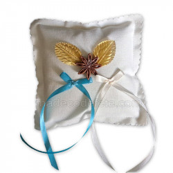 Coussin alliances blanc ruban turquoise et ivoire