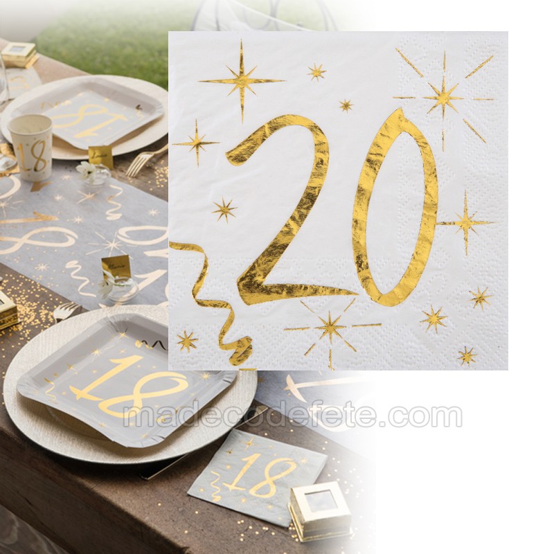 Serviettes en papier 40 ans, déco de table anniversaire blanc & or