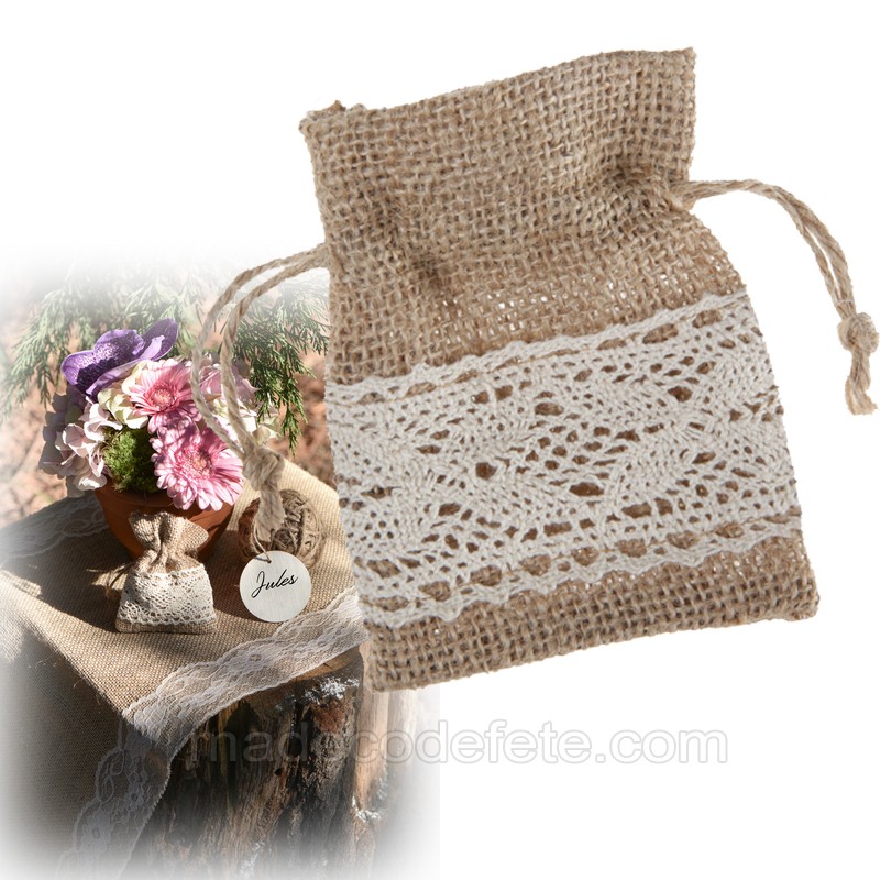 sachet à dragées en jute et dentelle