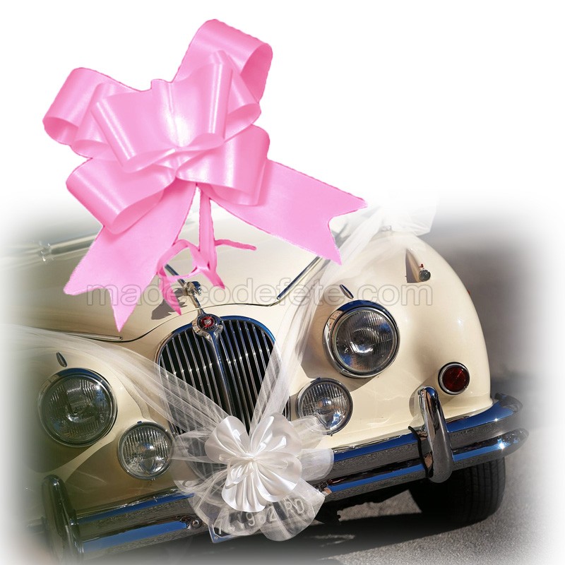 Décoration Voiture Mariage - Lot De 4 Nœuds Roses En Polyester - Sangle Ajustable Pour Capot, Rétroviseurs