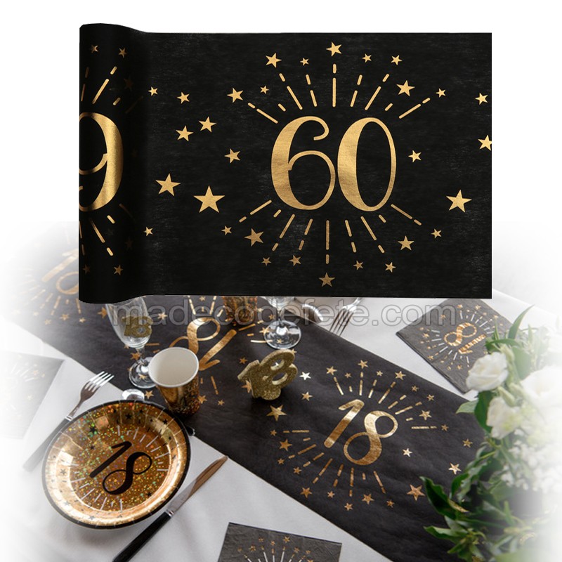 Chemin De Table Anniversaire 60 Ans - Noir Et Or, 5 Mètres De Long, 30 Cm De Large
