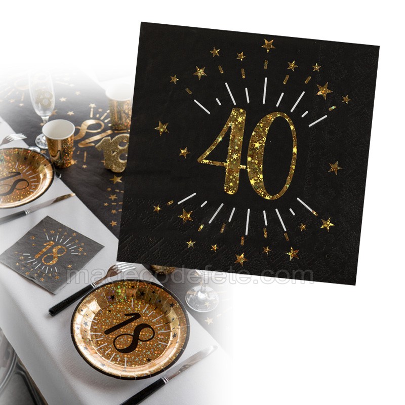 Lot De 40 Serviettes En Papier 80e Anniversaire Noir Et Doré - Décoration Table Élégante