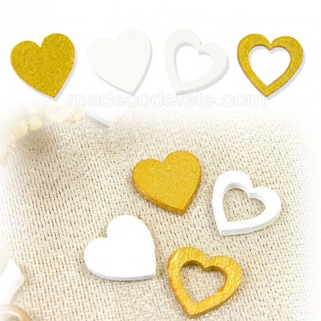 Confettis bois coeur or et blanc par 12 decoration mariage