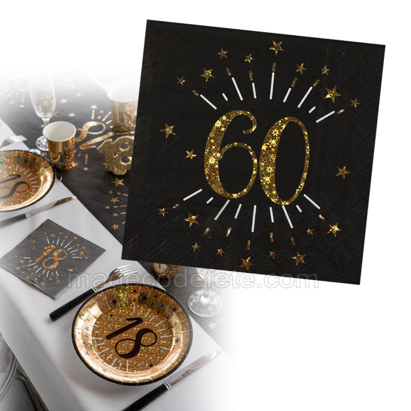Serviette papier anniversaire 60 ans noir et or, Décoration de table